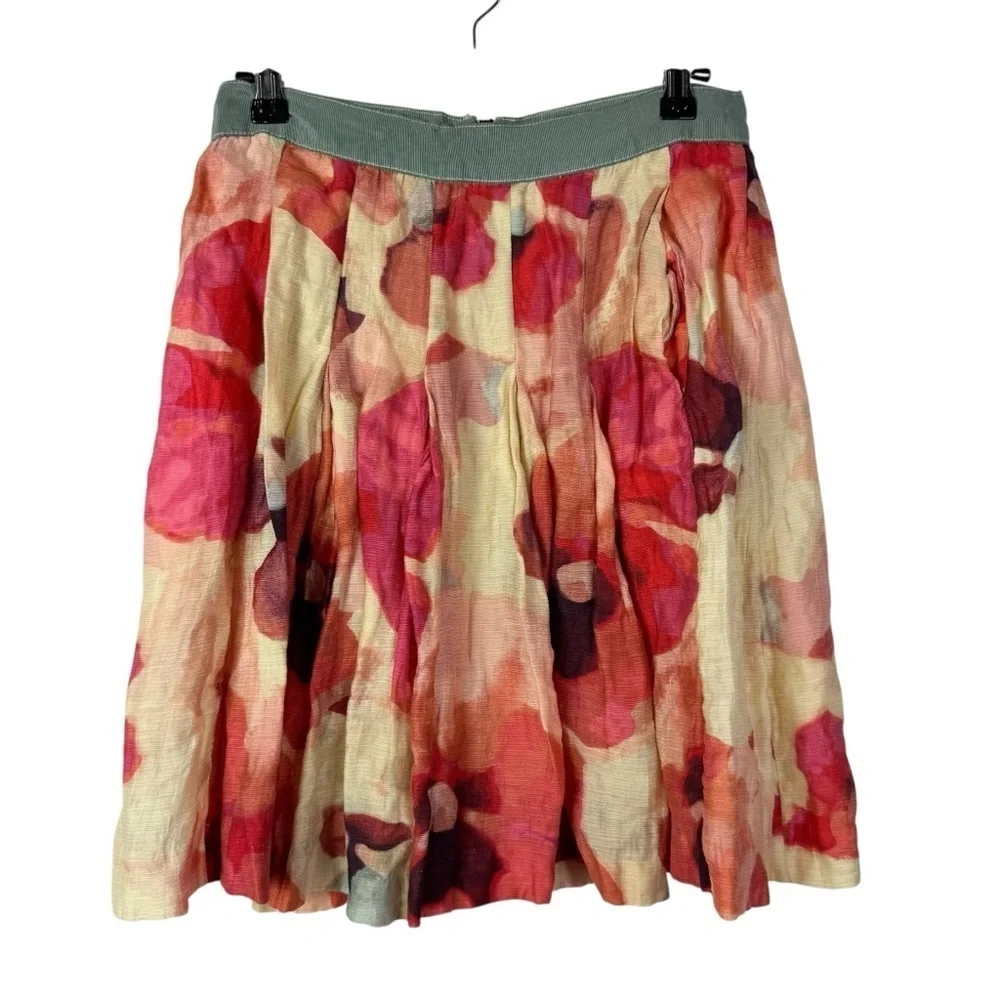 Ann Taylor LOFT Cream Pink Floral Linen Knee Length Skirt 0
